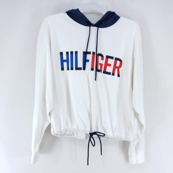 Tommy Hilfiger Crop Pullover Womens Size Small White Blue Drawstring Waist - Picture 1 of 7